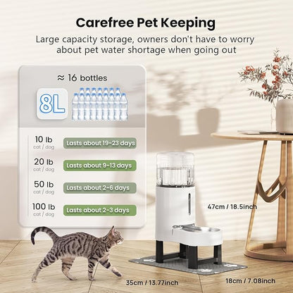 CZPET Elevated Dog Water Bowl Dispenser 8L with Mat for Large Dogs,Tall Raised Pet Waterer Stand,Relieve Neck Pressure,Large Capacity and Drinking Area Noise-Free for Pets (8L+Stand+Mat,White)