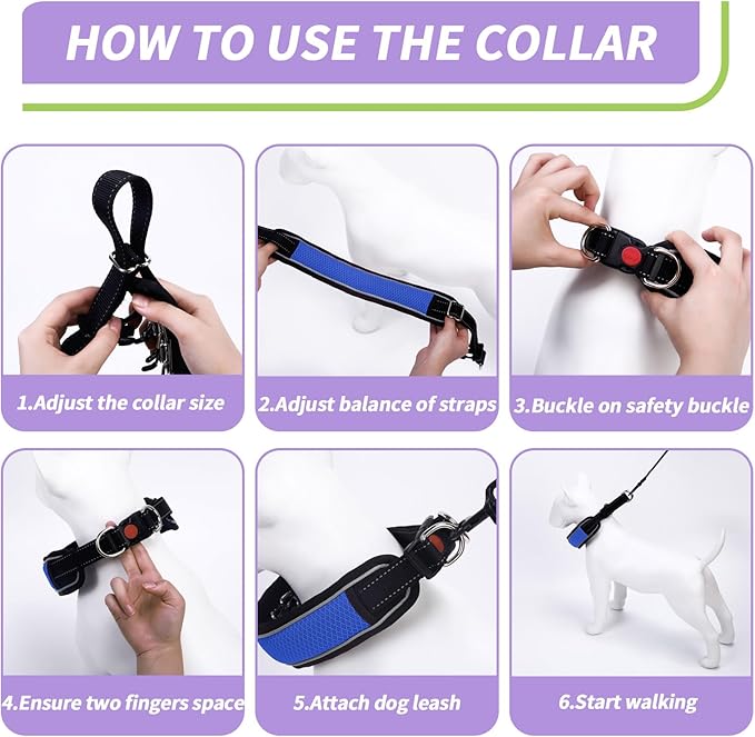Martingale No Pull Dog Collar for Large Medium Dogs Training Walking, Heavy Duty Nylon Reflective Adjustable Anti Pull Slip Collar with Buckle M Blue