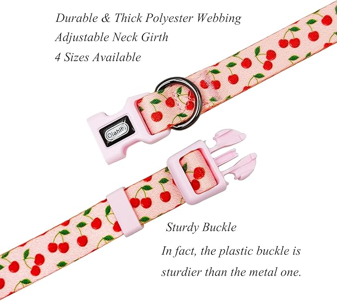Dog Collar and Leash Set, Cherry Pattern, Polyester Material, 5ft Leash, for Small Dogs.(Small,Pink Cherry)