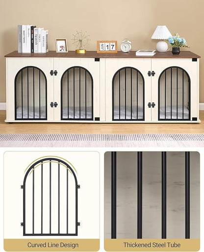 Hzuaneri 71" Dog Crate Furniture for 2 Dogs, Heavy Duty Indoor Dog Kennel TV Stand, XL Wooden Dog Cage with Divider for Medium Large Dogs, End Table Dog Crate with Cushion, White Brown DFC81914B