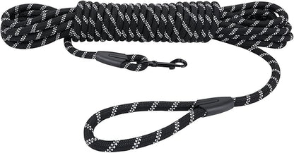 Long Dog Leash for Training 15Ft-Reflective Nylon Rope with Swivel Hook-Recall Agility Lead for Large Small Medium Dogs Outside Walking Hiking-Black Diam 1/2"