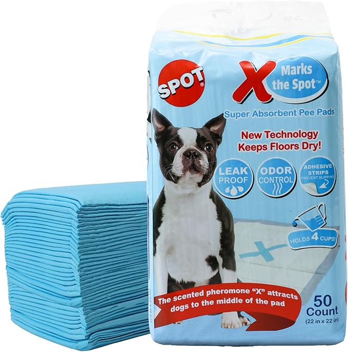 SPOT X Marks The Spot Extra Absorbent Puppy Pads with Adhesive Strips & Pheromones – Attracts Dogs to Center for Training & Potty, 22" x 22", 50-Pack