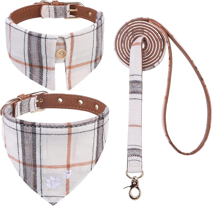 EXPAWLORER Dog Collar and Leash - Embroidery Pawprints Plaid Medium Dog Collars and Leash Set, Cute Bandana and Detachable Collar, Suitable for Small Dogs Cats Girl Boy, Cream M