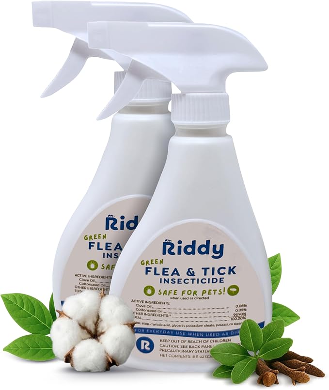 Riddy Flea & Tick Natural Spray for Pets with Essential Oils Safe Non-Hazardous Indoor and Outdoor Control, 8 oz, 2 Packs