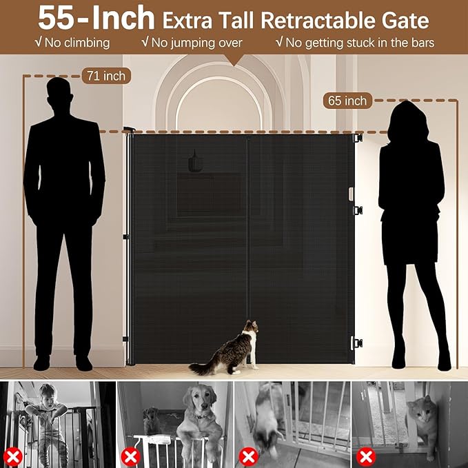Reinforced 55" Extra Tall Pet Gate for Doorway - No Jumping Over, 55" Wide Retractable Baby Gates with Support Rods - No Crawling Under, Climb Proof Cat Gate for Stairs Tall Retractable Dog Gate/Black