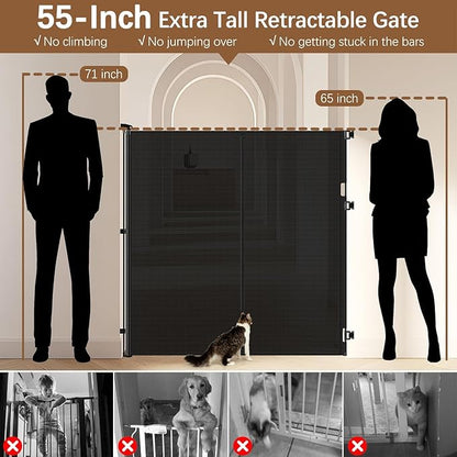 Reinforced 55" Extra Tall Pet Gate for Doorway - No Jumping Over, 55" Wide Retractable Baby Gates with Support Rods - No Crawling Under, Climb Proof Cat Gate for Stairs Tall Retractable Dog Gate/Black