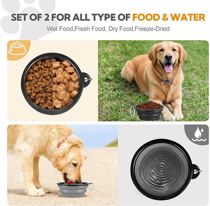 Collapsible Dog Bowl Large 2 Pack, Dog Water Bowls for Travels, Portable Foldable Pet Bowls Feeding Watering Dish for Parking Walking Camping with 2 Carabiners Clip (34oz, Large,Black+Grey)