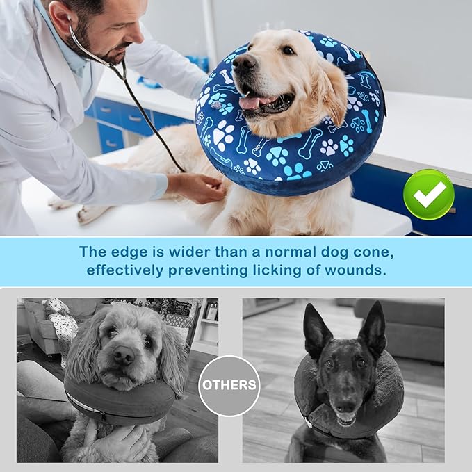 SCENEREAL Dog Cone Alternative After Surgery Donut Collar, Soft Pet Recovery Pillow Collar for Medium Large Dogs, Inflatable Adjustable Neck Collars to Prevent Licking, Bone and Paw Print E-Collars