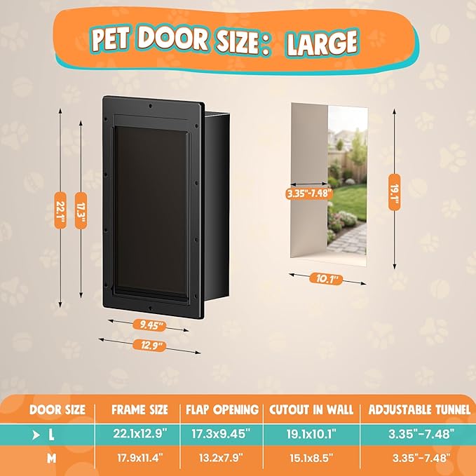 Dog Door 3 Flap, Plastic Dog Door for Wall, Large Doggy Door, Dogie Door for Interior & Exterior Walls, Magnetic Flaps, Insulation Flap, Closing Panel, Pet Door for Pets Up to 110lbs