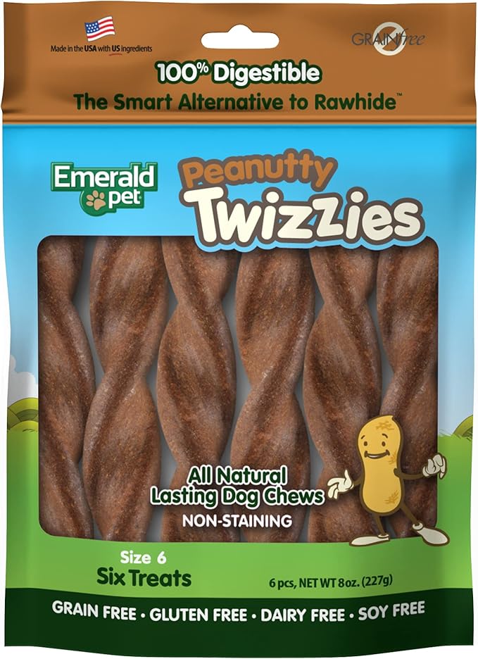 Emerald Pet Twizzies Rawhide Free 100% Digestible Natural Dog Lasting Chew Treats, Made in USA Size 6, Peanutty Peanut Butter Multipack