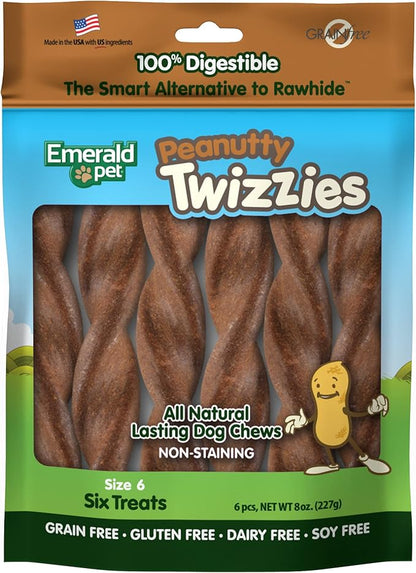 Emerald Pet Twizzies Rawhide Free 100% Digestible Natural Dog Lasting Chew Treats, Made in USA Size 6, Peanutty Peanut Butter Multipack