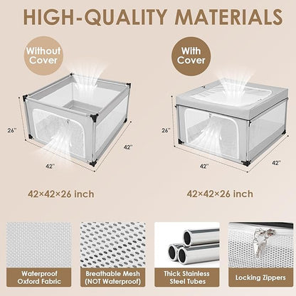 EHEYCIGA 42x42x26 Inches Puppy Playpen with Top Cover for Dogs & Cats Indoor or Outdoor - Dog Playpen with Door, Dog Fence for Small Animal with Heavy-Duty Oxford & Steel Frame, Sliver Grey