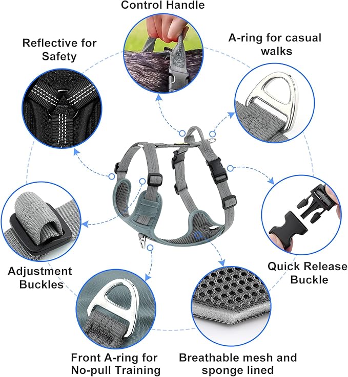Plutus Pet No Pull Dog Harness, Reflective Adjustable Dog Vest Harness with Handle, Escape Proof, Soft Padded for Small Medium Large Dogs (Gray, M)