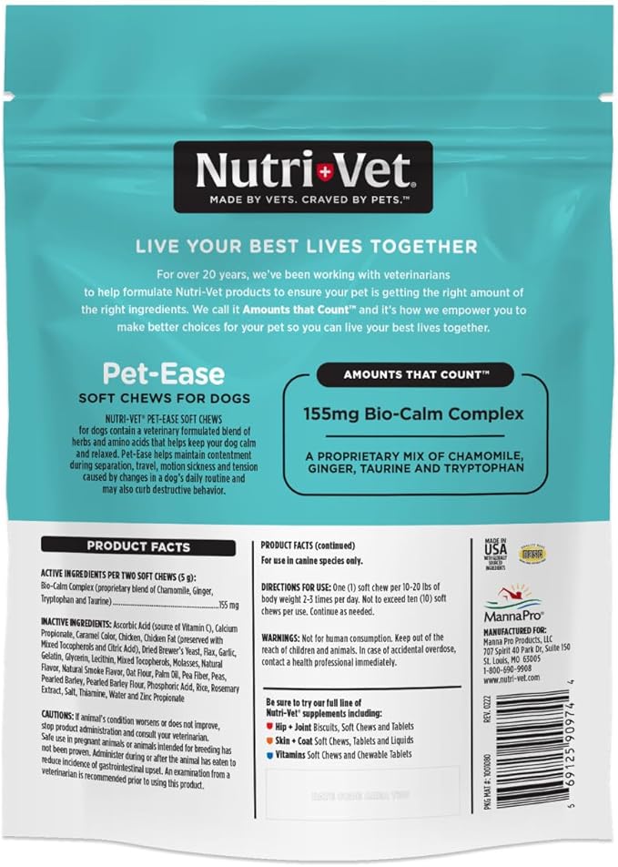 Nutri-Vet Pet-Ease Soft Chews for Dogs, Vet Formulated with Chamomile & Tryptophan to Soothe and Calm During Storms, Separation Anxiety, and Loud Noises, Dog Calming Supplement, 6.0 oz