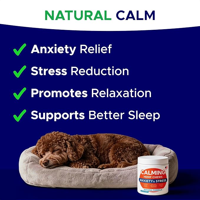 Advanced Calming Chews for Dogs - Hemp Treat + Melatonin + Valerian - Relaxing Bites - Calming Care - Stress Relief - Made in USA - Calm, Sleep Aid, Storms - 60Ct