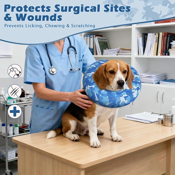 IEUUMLER Inflatable Recovery Dog Cone Collar, Neck Donut Protective ECollar, Adjustable Soft Collar for Dog and Cat After Surgery Prevent from Biting & Licking EU020 Blue Camo M+