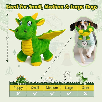 Squeaky Dog Toys - Soft Plush Dragon Dog Toy with 5 Squeakers & Crinkle Paper, Dog Toys for Small, Medium and Large Dogs to Keep Them Busy (Green,10")
