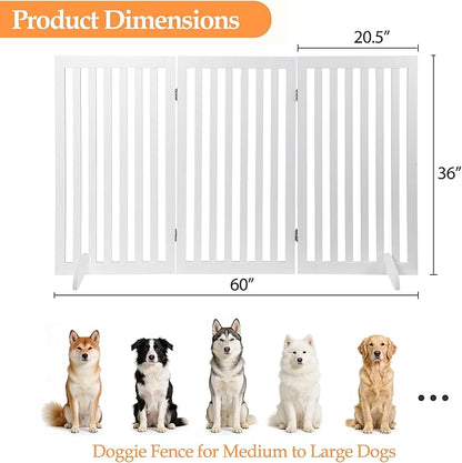 Freestanding Pet Dog Gate 36 Inch Foldable Fence Indoor 3 Panel Extra Wide Wooden Dog Door for Stairs Hallways Doorways