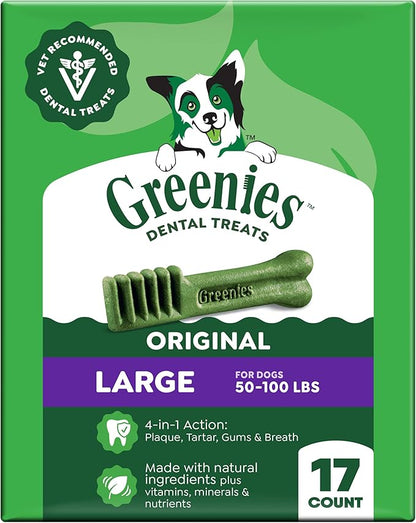 Greenies Veterinarian-Recommended Adult Natural Dental Dog Treats Large Size, Dog Dental Chews, Original Flavor, 27 oz. Pack, 17 Count