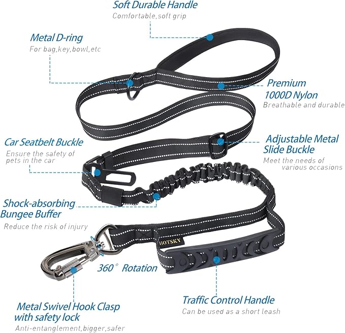 Hotsky Tactical Dog Leash Heavy Duty for Medium Large Dogs that Pull,4-6Ft Strong Bungee Shock Absorbing No Pull Dog Leash with Padded Double Handle and Car Seatbelt,Reflective Black