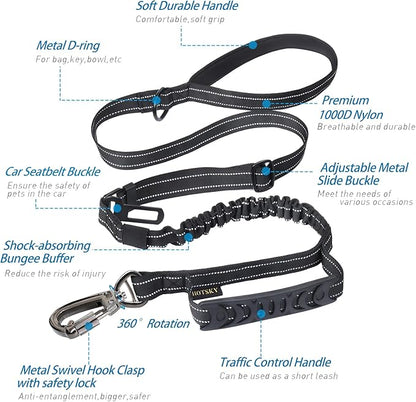 Hotsky Tactical Dog Leash Heavy Duty for Medium Large Dogs that Pull,4-6Ft Strong Bungee Shock Absorbing No Pull Dog Leash with Padded Double Handle and Car Seatbelt,Reflective Black