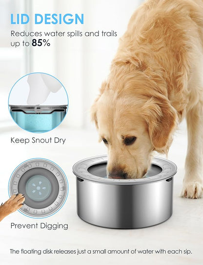 Heouvo 1.8 Gallon Large Dog Water Bowl No Spill,【Anti Digging Lid & Rubber Bottom】 Spill Proof Dog Bowl, Anti Splash Mess Dripless Slow Drinking Stainless Steel Water for Sloppy Messy Drinkers Car