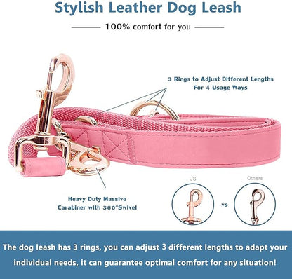 Soft Leather Dog Collar and Leash (6.6') Set - Stylish Rose Gold Heavy Duty Metal Buckle, 4 Adjustable Lengths Leash for Small Medium Large Dogs - Comfortable & Easy to Clean Dark Pink S(12.2"-16.9")