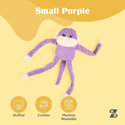 ZippyPaws Crinkle Monkey - Interactive Dog Toys to Keep Them Busy, Squeaky Plush Pet Toy for All Breeds, Small and Medium Dogs, Contains 1 Round Squeaker - Small, Purple