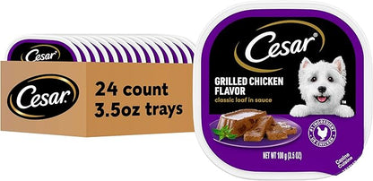 Cesar Classic Loaf in Sauce Adult Wet Dog Food Grilled Chicken Flavor, Wet Food for Dogs, 3.5 oz Easy Peel Trays, 24 Count
