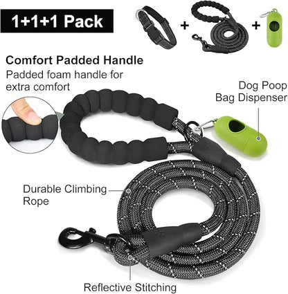 Dynmeow Reflective Dog Collar and Leash Set, 6FT Strong Climbing Rope Leash with Padded Handle, Adjustable Pet Collar with Soft Neoprene Padding for Puppy Small Dogs, Black, Xs