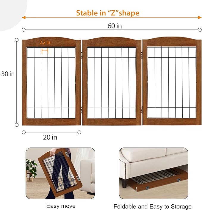 LZRS 3-Panel Freestanding Adjustable Wooden Dog Gate—30" Tall Foldable Pet Barrier with Support Feet, Chew-Resistant Solid Hardwood & Steel Wire Safety Fence for Doorways, Hallways, and Stairs, Cherry