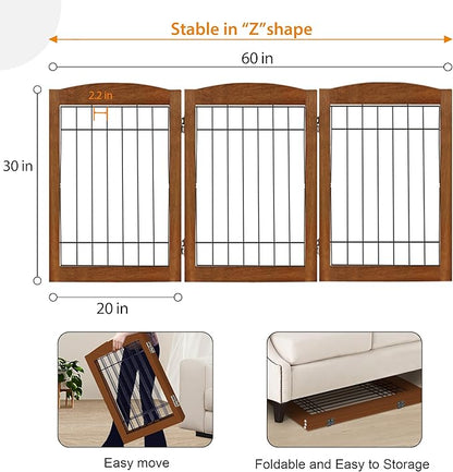 LZRS 3-Panel Freestanding Adjustable Wooden Dog Gate—30" Tall Foldable Pet Barrier with Support Feet, Chew-Resistant Solid Hardwood & Steel Wire Safety Fence for Doorways, Hallways, and Stairs, Cherry