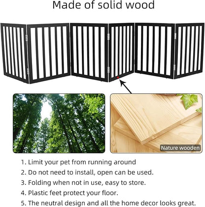 ZJSF Freestanding Indoor Dog Gate for House Foldable Wood Black Puppy Gate for Doorways Pet Gate for Stairs Extra Wide Pet Fence 24" Height 6 Panels