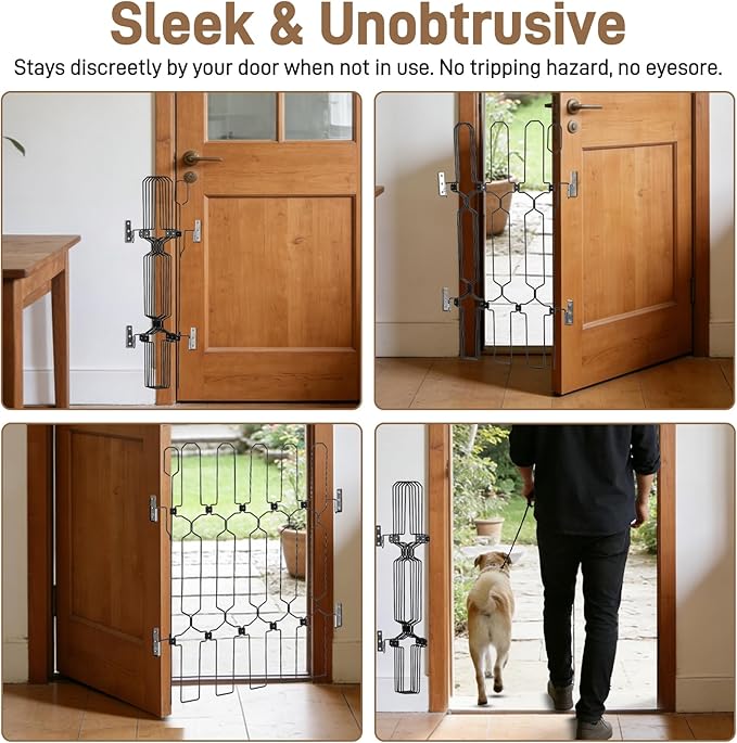 Retractable Dog Gate for Front Door 35.4" Wide 30.7" Tall Automatic Retractable Dog Barrier to Keep Pets Secure When Door Opens/Closes, Hardware Mount Front Door Barrier for Small/Large Dogs, Indoor