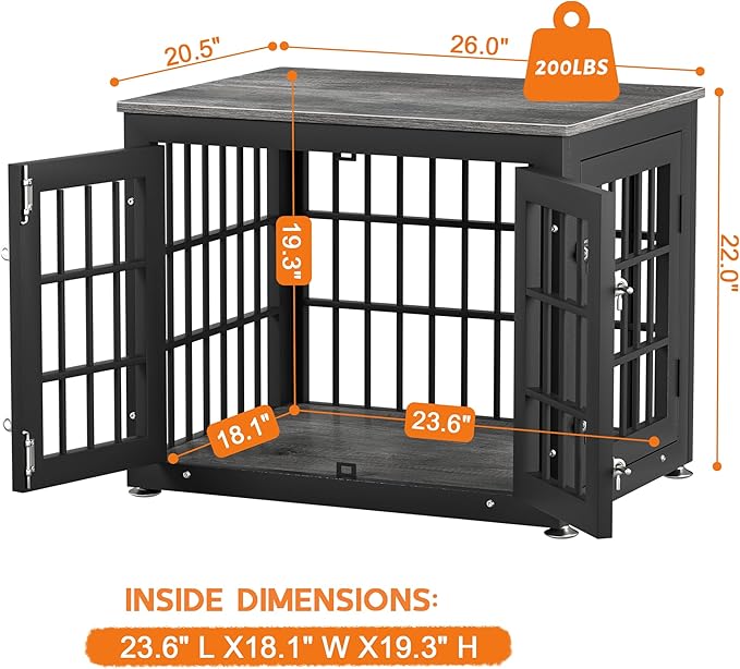 rehomerance 26 Inch Heavy Duty Dog Crate Furniture for Small Dogs, Decorative Pet House End Table, Wooden Cage Kennel Furniture Indoor, Gray