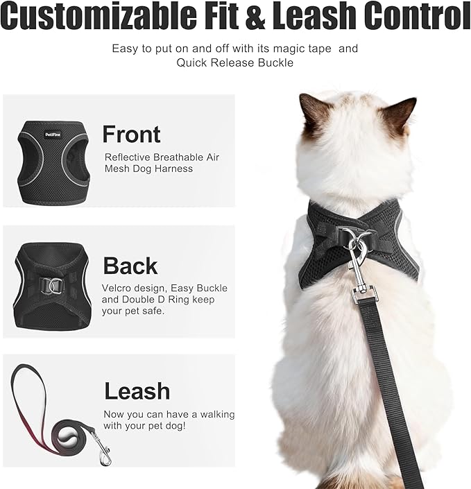 PetiFine Extra Small Step in Dog Harness and Leash Set, Cat Harness and Leash Escape Proof, All Weather Mesh Reflective, Step-in Air Vest Harnesses for Puppy(XXXS, Black)