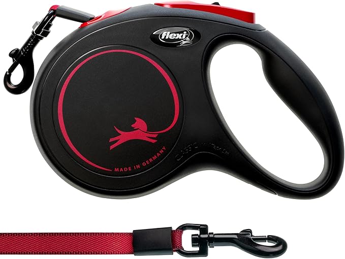 FLEXI New Classic Tape Retractable Dog Leash for Medium Dogs Upto 30-55 lbs. – 16 ft., Black Red |Tangle Free Pet Walking Leash with One-Handed Brake, Pause, Lock |German Quality Product