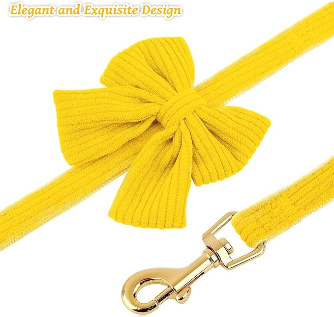 Dog Collar and Leash Set with Bowtie, Girl Dog Collars Metal Buckle Adjustable for Small Medium Dogs (Yellow, S: Neck 10"-16" Leash 5 FT)