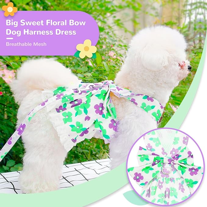 ABRRLO Dog Harness Dress Leash Set for Small Dog Summer Clothes Girl Female Puppy Cats Outfits Cute Floral Bowknot Princess Birthday Dress for Extra Small Pet Doggie Kitten Outfits Apparel(Green,L)