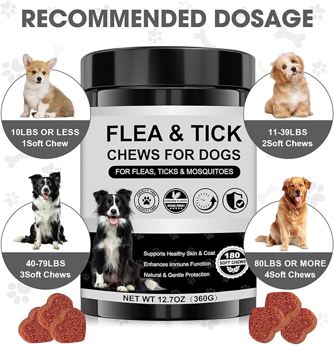 Dog Flea and Tick Chewable Supplement – Natural Support for Skin & Coat Health, Seasonal Comfort & Itch Relief – 180 Soft Chews with Chicken Flavor for Dogs & Puppies (180pcs)