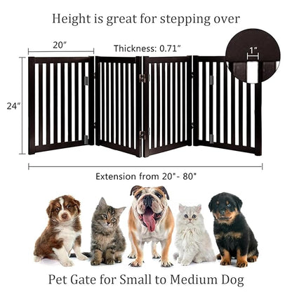 WELLAND 24" Freestanding Pet Gate, Foldable Wooden Dog Gate, 4 Panel Step Over Fence, Indoor Puppy Gate, Expands Up to 80" Wide, Espresso