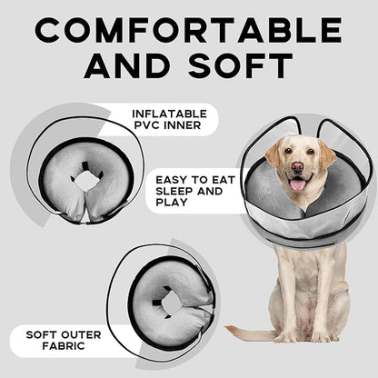 Inflatable Surgery Collar for Dogs-Enhanced Anti-Licking Protective Cone with Adjustable Strap (Grey, XL)