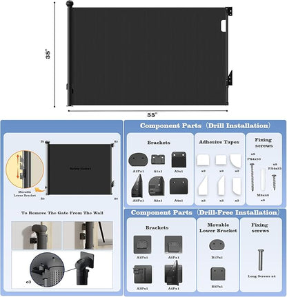 Retractable Baby Gate for Stairs Doorways, Extra Wide 55" No-Drill Pressure Mount OR Screw Mount, Space Saving Mesh Gate with No Bottom Bar Trip Hazard, for Indoor Outdoor Use with Kids, Dogs & Cats