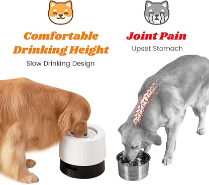 Pawque Raised 95oz Slow Drinking Dog Water Bowl No Spill for Medium Large Breed, Single Elevated Stainless Steel Water Bowl with Floating Disc, Stable Sturdy Base and Snap on Adjustable Height Stand