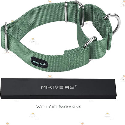 Mikivery Martingale Dog Collar Nylon Adjustable and Safety Training Metal Buckle Dogs Collars for Small Medium and Large Breed(Emerald,L)