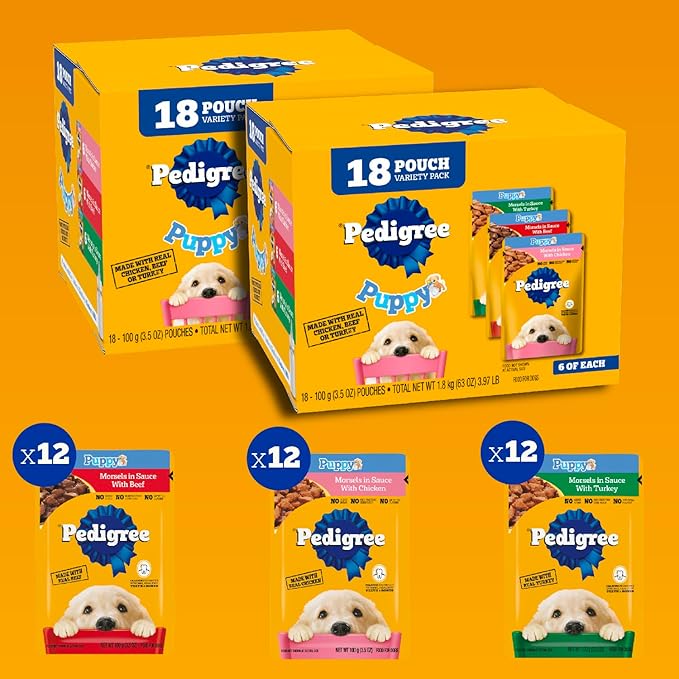 Pedigree Puppy Food Morsels in Sauce, Wet Dog Food Pouches Variety Pack, 3.5 oz. Pouches, 18 Count (Pack of 2)