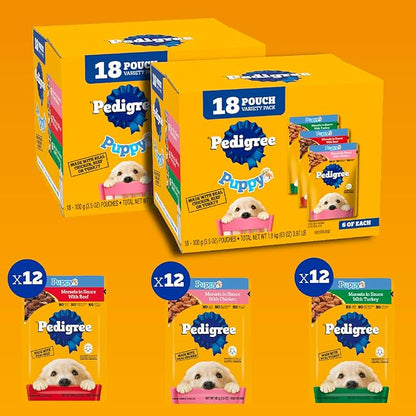 Pedigree Puppy Food Morsels in Sauce, Wet Dog Food Pouches Variety Pack, 3.5 oz. Pouches, 18 Count (Pack of 2)