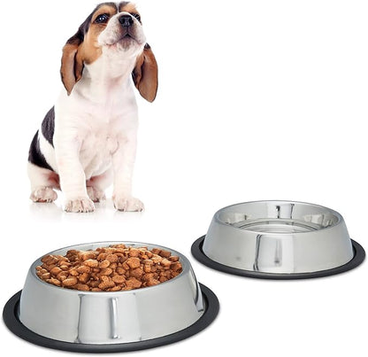 Relaxdays Dog Feeding Bowl Set of 2, Water Dish, Feeding Station, Non-Slip. Stainless Steel, Size M, 0.5 L, Silver