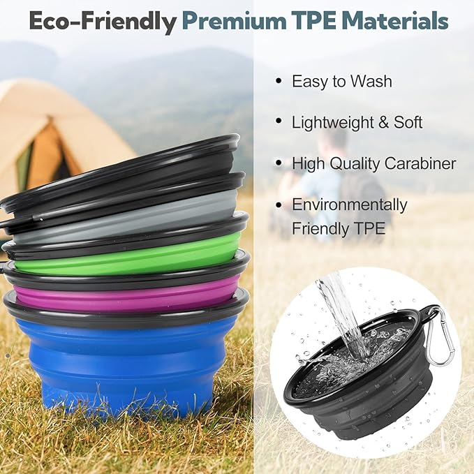 Dog Bowl Collapsible, 2 Pack Portable Foldable Travel Water Bowl Food Dishes with Carabiner Clip for Traveling, Hiking, Walking(12oz, Small, Blue+Black)