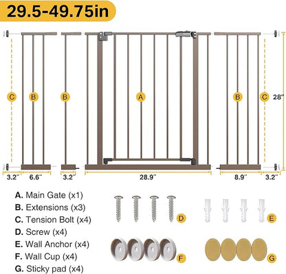 InnoTruth 28.9-49" Baby Gate for Doorways, 28" Tall Extra Wide Doggy Gates for Stairs One-Hand Opening, Easy Walk Thru Dual Lock Dog Gates for The House, Kitchen, Balcony, Easy Install Kid Gate,Brown